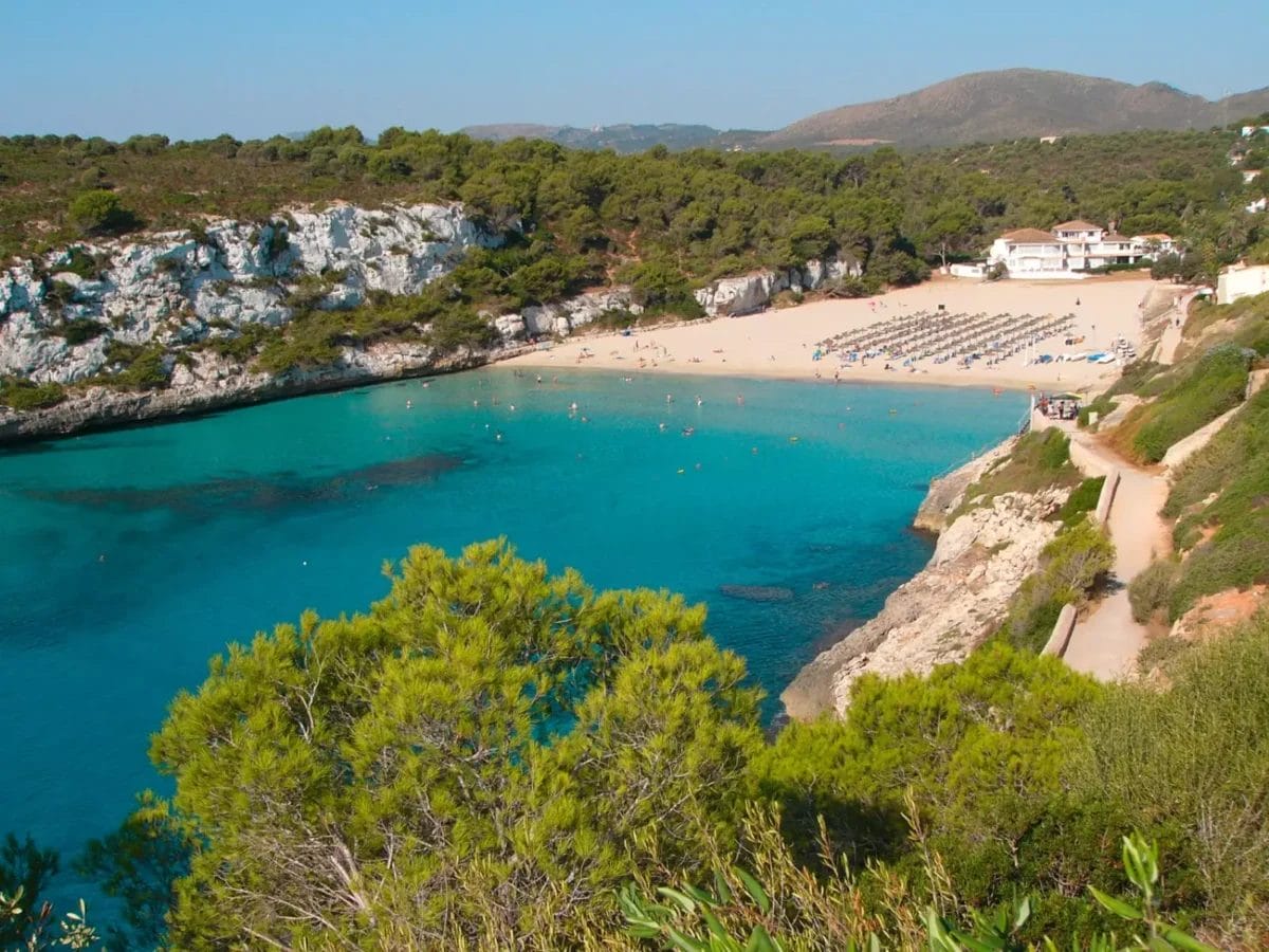 Una spiaggia panoramica con acqua cristallina e alberi rigogliosi, perfetta per una vacanza rilassante all'ALPICLUB o al BLAU PUNTA REINA RESORT.