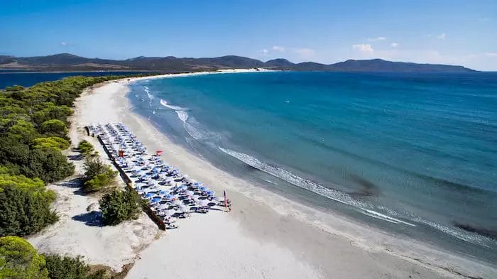 Una veduta aerea di una spiaggia con ombrelloni e sdraio a Bravo.