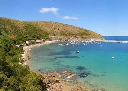 Una veduta aerea del FUTURA CLUB CILENTO, una spiaggia con barche in acqua.