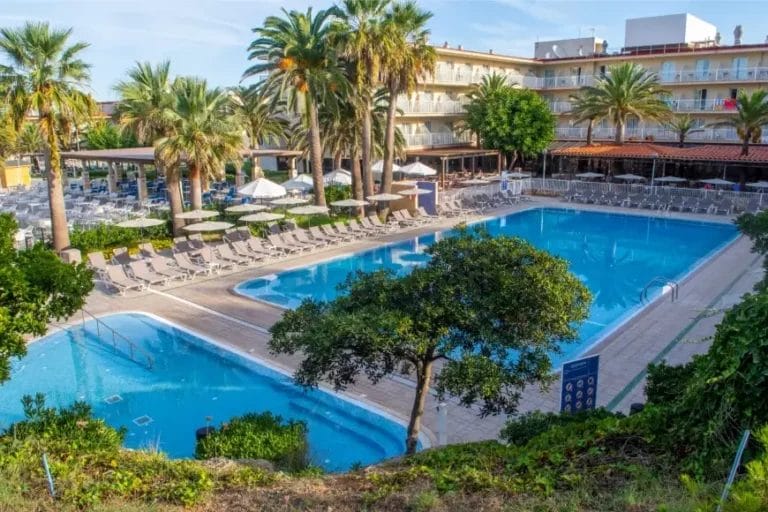 Area piscina all'aperto dell'hotel con lettini e palme aguamarina in una giornata di sole.