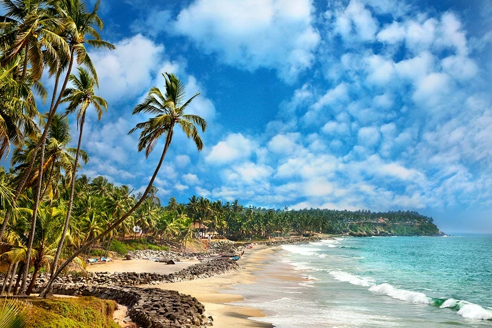 Spiaggia tropicale in India con palme e cielo azzurro.