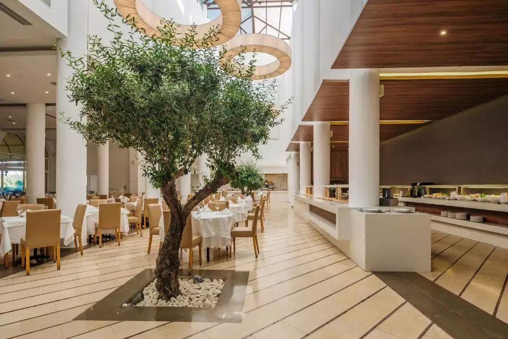 Elegante sala da pranzo interna al BRAVO LINDOS ROYAL RESORT con un centrotavola a forma di albero vivo, decorazioni contemporanee e tavoli ben disposti.