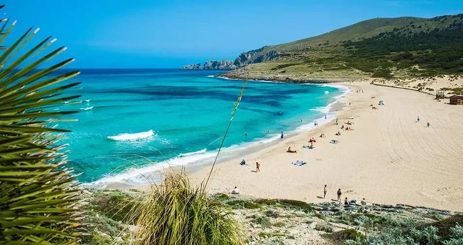 Spiaggia sabbiosa con acque turchesi, bagnanti e una collina verde lussureggiante sotto un cielo azzurro e limpido presso l'Alpiclub Beach Club.