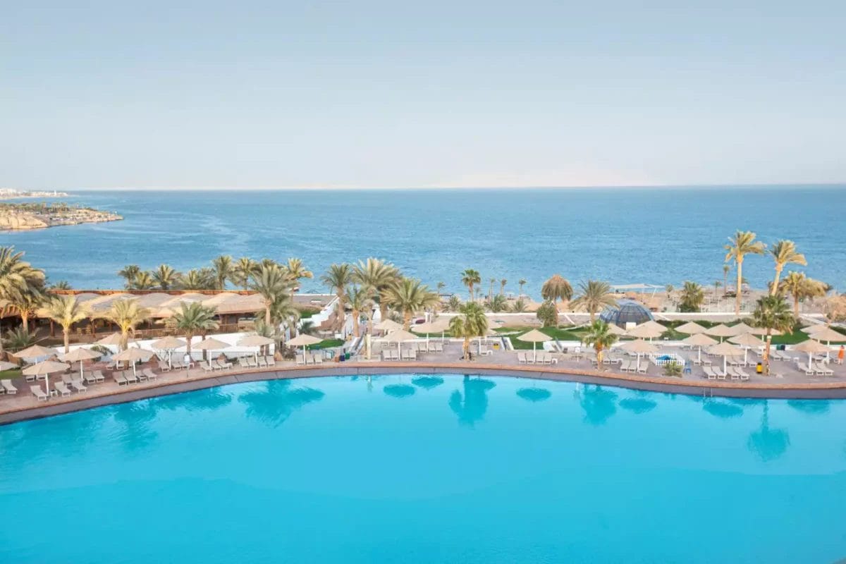 Una tranquilla area piscina del Pyramisa Beach Resort accanto a un mare calmo, con palme e sedie a sdraio sotto un cielo limpido.