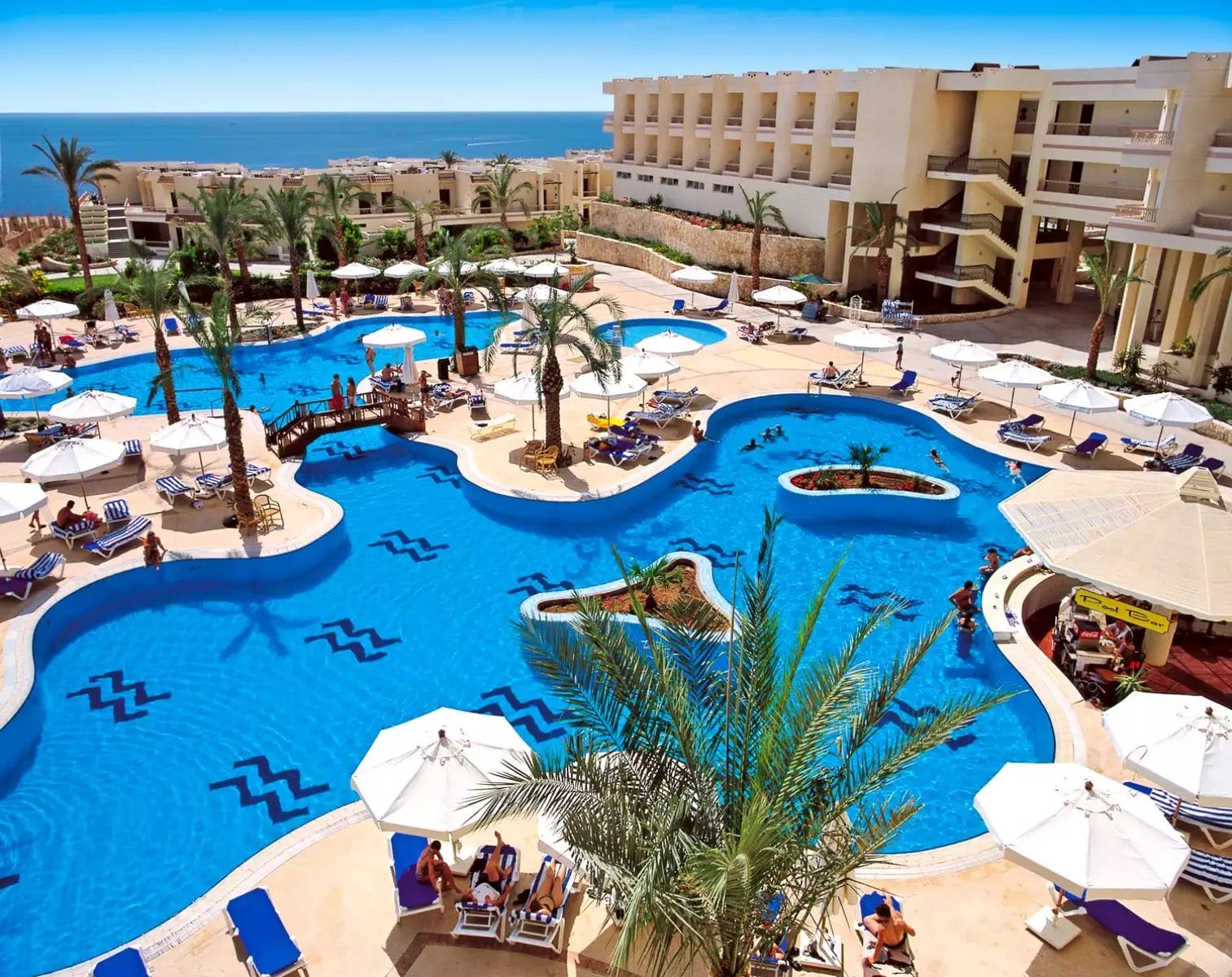 Vista aerea dell'area piscina dello Sharks Bay Resort con palme, lettini prendisole e ombrelloni. Sullo sfondo, un edificio beige a più livelli DoubleTree. L'oceano visibile in lontananza sotto un cielo azzurro e terso.