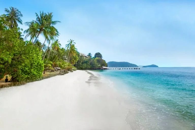 Una spiaggia tranquilla a Cape Panwa, con sabbia bianca e acqua cristallina, fiancheggiata da palme sotto un cielo terso, incarna uno stile idilliaco che ricorda un tranquillo rifugio in un club marittimo.