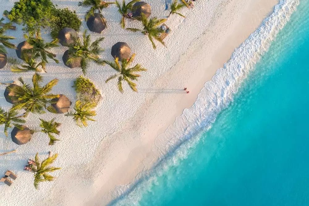 Una vista aerea del Palumbo Waves Resort rivela una splendida spiaggia tropicale, con acqua azzurra e limpida, sabbia bianca, palme sparse e graziose capanne di paglia. Una persona passeggia tranquillamente vicino alla riva.