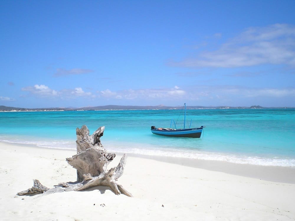Una piccola barca galleggia sull'acqua turchese vicino alla spiaggia di sabbia bianca del Lily Palm Resort, con legni alla deriva sparsi sotto un cielo soleggiato.