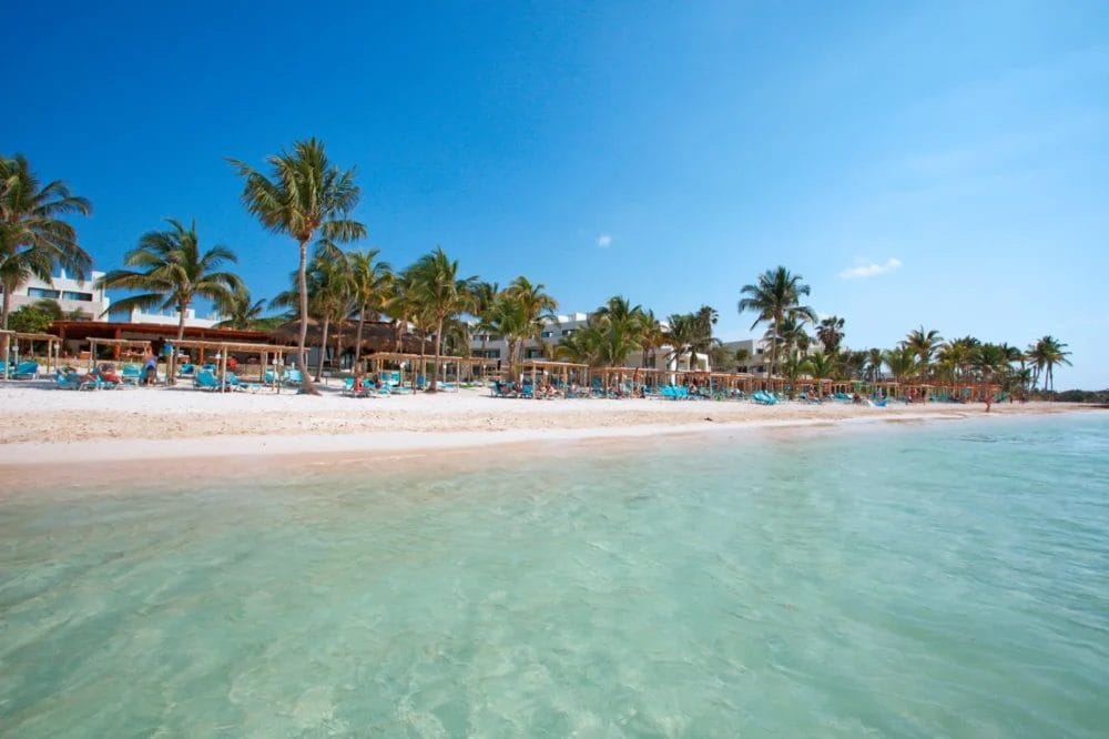 Una spiaggia soleggiata con acqua turchese e trasparente, sabbia bianca, palme e sedie a sdraio. L'Akumal Bay Beach Resort offre zone d'ombra e un'atmosfera rilassante, con la gente che si gode il cielo azzurro sullo sfondo.