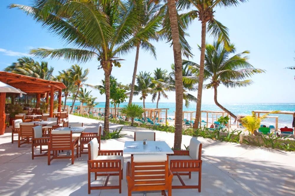 Area pranzo all'aperto con tavoli e sedie in legno sotto le palme di un Beach Resort, con vista sulle rive sabbiose e sull'oceano turchese della baia di Akumal. Lettini e persone si rilassano vicino all'acqua in questa giornata di sole.